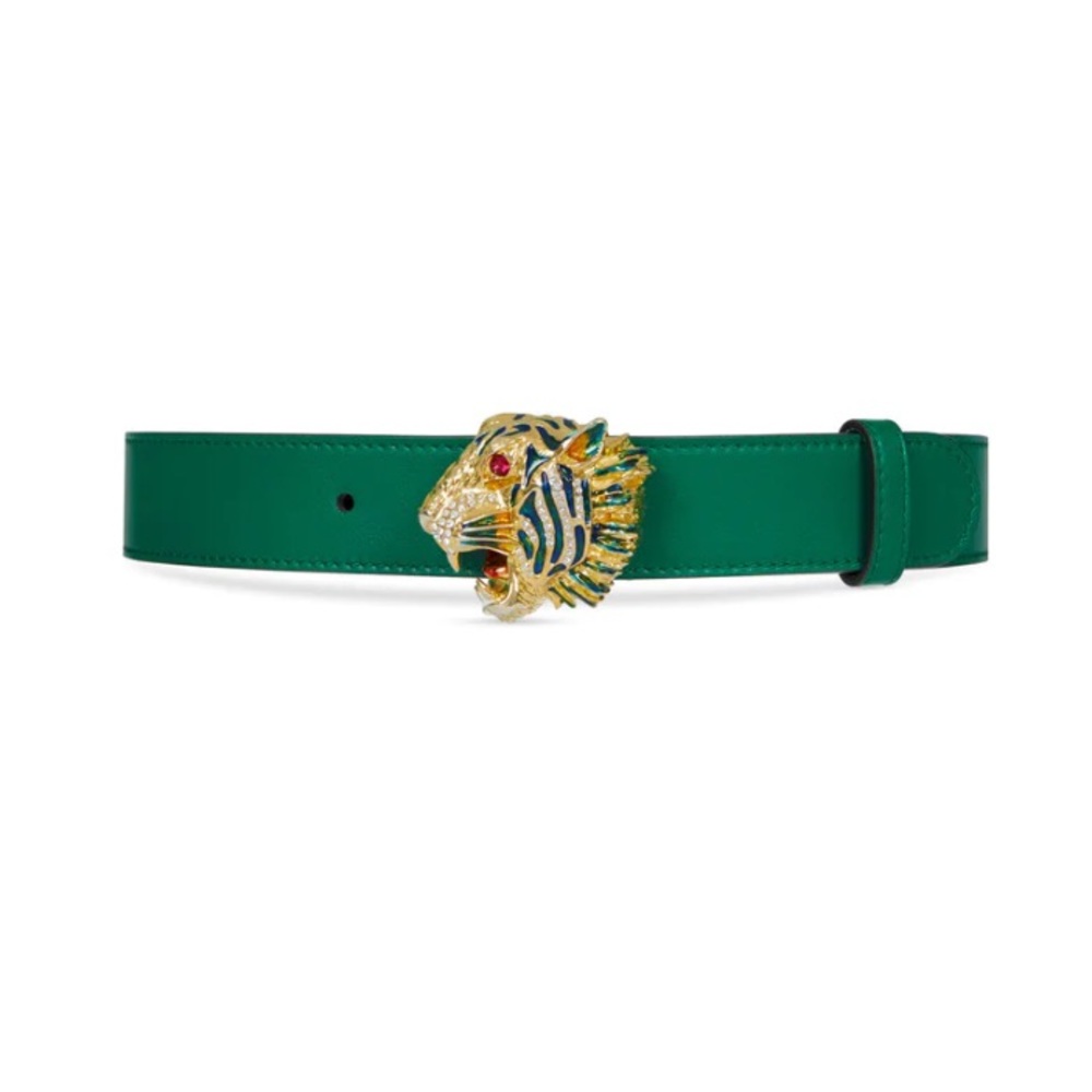 Gucci Green Leather Belt with Crystal Tiger Head